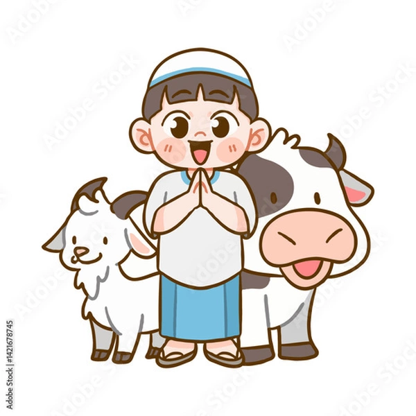 Fototapeta Happy Little Boy Praying with Goat & Cow Welcoming Blessed Eid