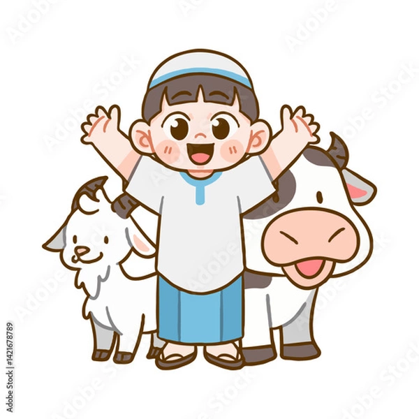 Obraz Cute Boy in Kufi Joyfully Celebrating Eid with Goat and Cow