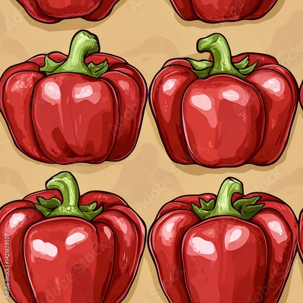 Fototapeta Seamless Pattern of Red Bell Peppers on Beige Background