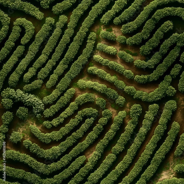 Fototapeta Aerial View of Coffee Plantation with Fingerprint-Like Seamless Pattern