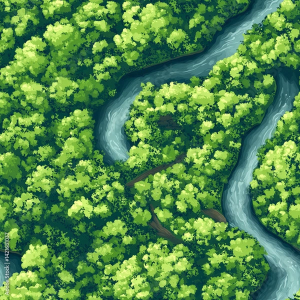 Fototapeta Aerial Illustration of a Meandering River Through Dense Tropical Forest - Seamless Pattern