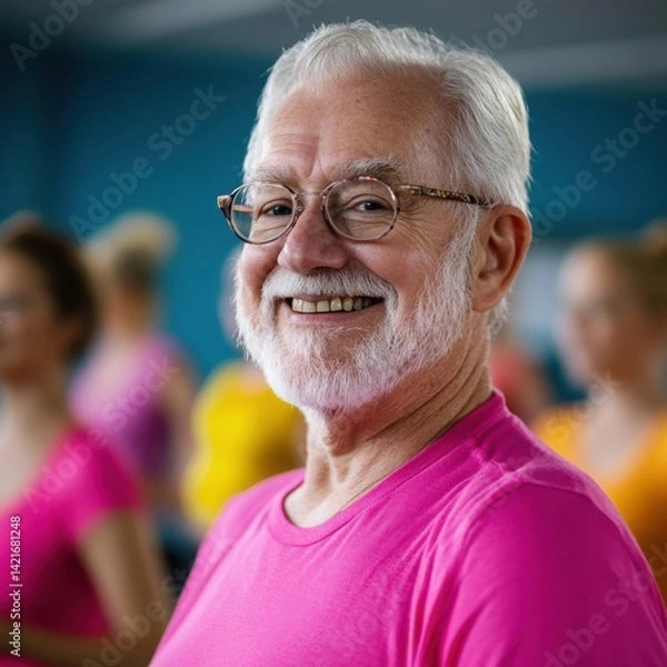 Fototapeta Capture the joy of aging gracefully A vibrant photograph showcasing a smiling senior man in a fitness class, exemplifying health and happiness Witness his active lifestyle and the camaraderie of