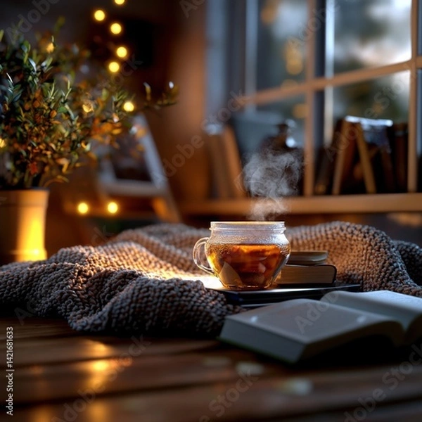 Fototapeta Cozy Evening at Home A Warm Cup of Tea and a Good Book, Experience the Comfort and Relaxation of a Peaceful Night In, Surrounded by Soft Lighting and Inviting Ambiance, Perfect for Unwinding and
