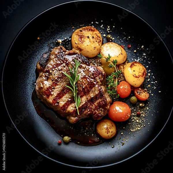 Fototapeta Gourmet Grilled Steak with Baby Potatoes and Tomatoes – Elegant Fine Dining Presentation