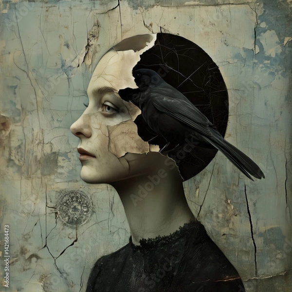 Fototapeta Surreal Portrait with Cracked Face and Black Bird – Symbol of Memory, Madness, and Decay
