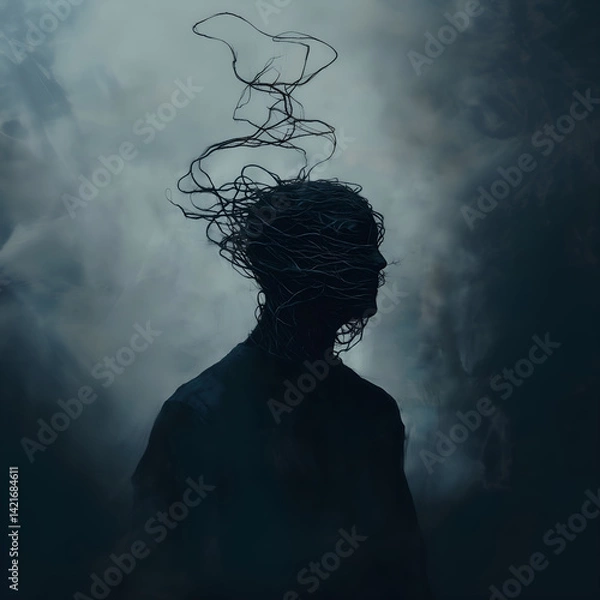 Fototapeta Silhouette with Tangled Mind – Surreal Representation of Mental Struggle and Inner Chaos
