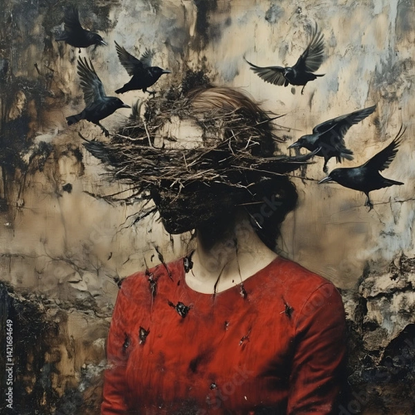 Fototapeta Woman with Nest of Branches and Crows – Surreal Symbolism of Silence, Madness, and Inner Darkness