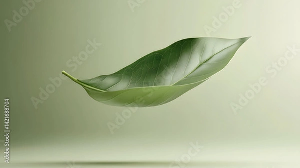 Obraz Serene Leaf in Flight: A solitary green leaf gracefully floats mid-air, evoking a sense of tranquility and the delicate balance of nature, set against a soft gradient backdrop.