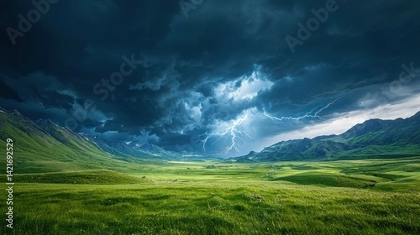 Fototapeta Dramatic landscape with dark storm clouds and lightning illuminating a vibrant green valley.