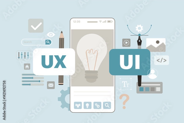 Fototapeta Light bulb on smartphone screen. Searching new ideas in app development and ui ux design. Designing interface for apps. Mobile applications customization and optimization.