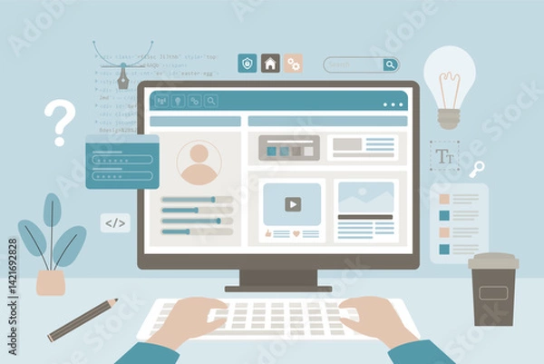 Fototapeta Application development and ui ux design. tools on webpage. coder build or develop of interface design for app or web. User customizating profile in social media.