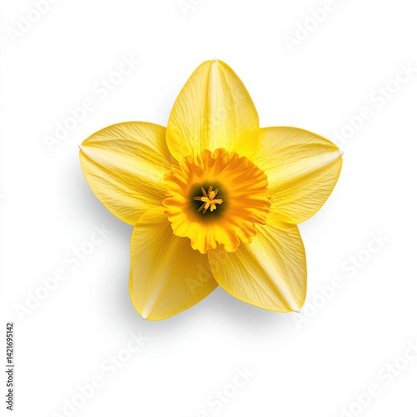 Fototapeta Bright yellow Daffodil flower with a trumpet-shaped center, positioned centrally on a clean white background, emphasizing its vibrant color and graceful structure.
