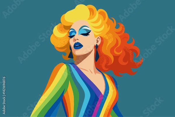 Obraz Fictional Drag Queen: Man dressed up as a woman on vibrantly coloured background, performance art, concept for coming out day, lgbt history month, lgbtqa+ history month or pride history month