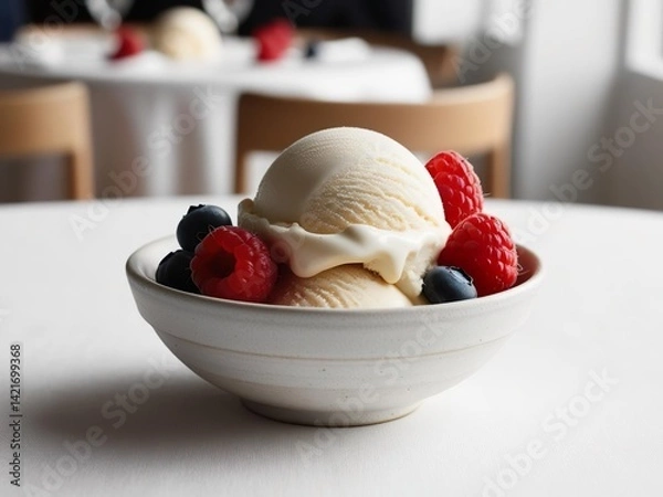 Obraz Ice cream cafe, scoops of creamy ice cream in a white bowl and delicious summer berries as decoration