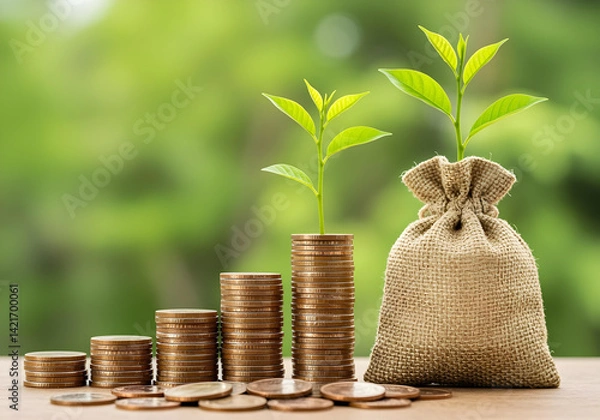 Obraz financial growth concept with increasing coin stacks and small plant growing from burlap money bag on green background

