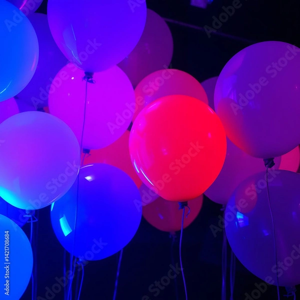 Fototapeta Colorful glow in a dark party balloons in a retro themed party. 