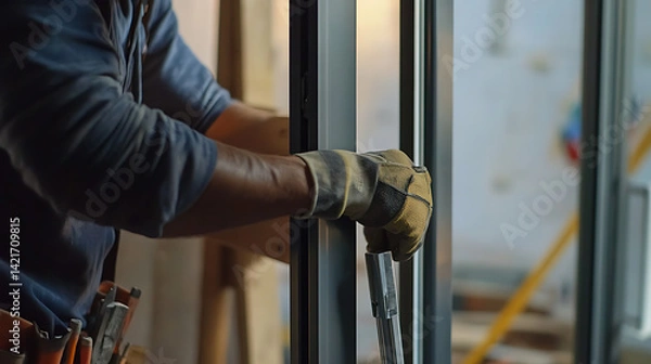 Fototapeta Construction Worker Installing Window Frame