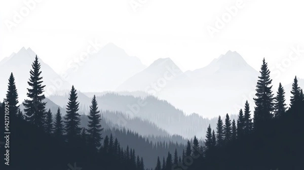 Fototapeta Misty mountain range with forest silhouette.  Possible use Nature scene background