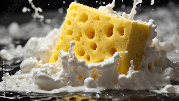 Obraz Vibrant Yellow Sponge Drenched in Sudsy White Foam for Effective Cleaning
