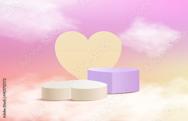 Fototapeta 3d rendering, heart stage for product display present, blue sky background.