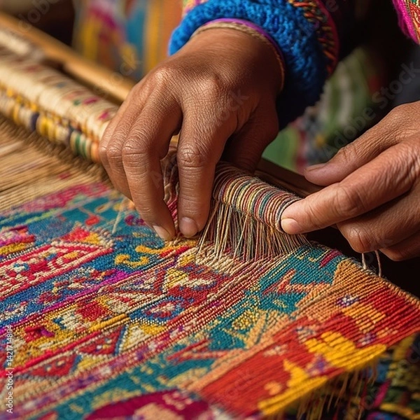 Fototapeta Artisan Weaving Patterns on Traditional Loom