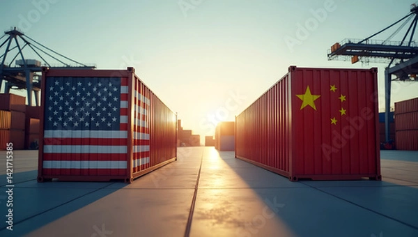 Obraz Shipping containers with USA and China flags at sunset, symbolizing intense trade war and global economic conflict