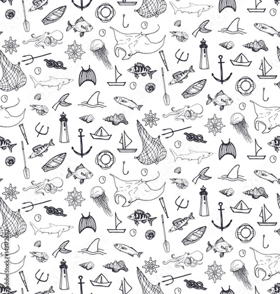 Obraz seamless pattern with fishing and sea elementsand animals