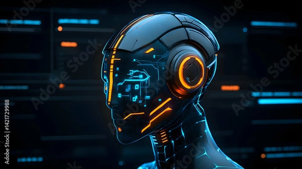 Obraz Futuristic Robot Head with Glowing Circuits and Digital Interface