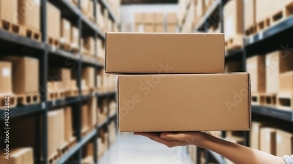 Obraz Hand Holding Stacked Cardboard Boxes In Warehouse Storage Interior, Generated AI
