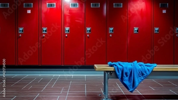 Obraz Modern Gym Locker Room with Red Lockers and Blue Towel on Bench, Generated AI