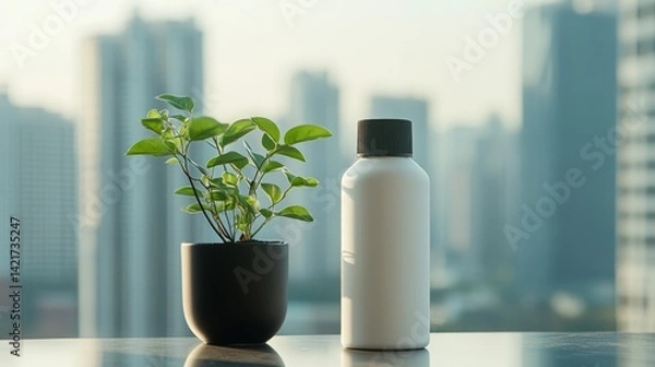 Obraz Modern Plant Arrangement With Bottle In Urban Office Setting, Generated AI