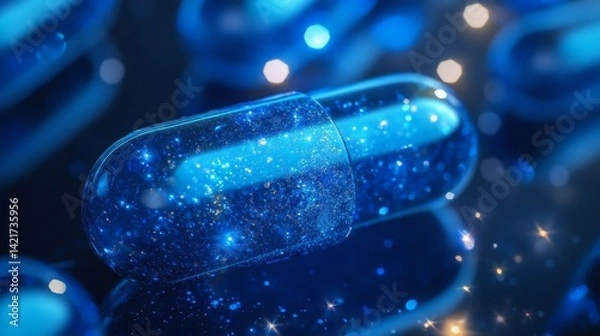 Obraz Blue Glowing Capsule With Starry Sparkles, Artificial Intelligence Innovation, Futuristic Design, Generated AI