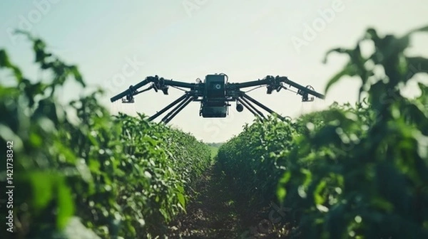 Fototapeta Futuristic Agricultural Drone Hovering Over Lush Green Crop Field, Generated AI