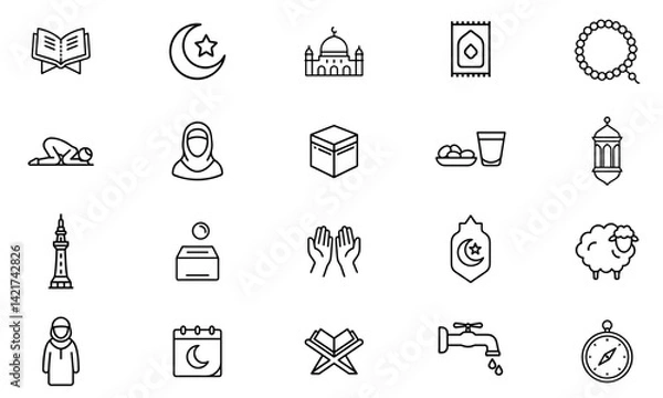 Obraz Set of 20 Outline Icons Related to Islam Religion, Ramadan, Prayer, and Muslim Culture. Editable Stroke. Vector Illustration.