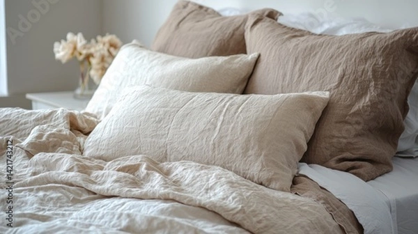 Fototapeta A bed with a soft, crinkled linen duvet in neutral tones