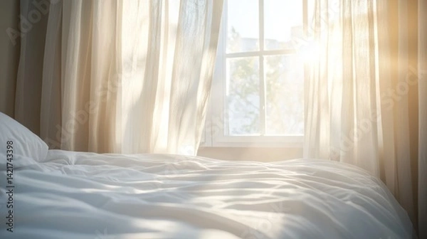 Fototapeta A bedroom window with soft curtains and morning sunlight