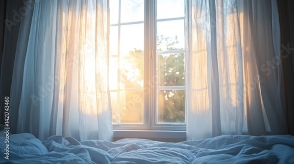 Fototapeta A bedroom window with soft curtains and morning sunlight