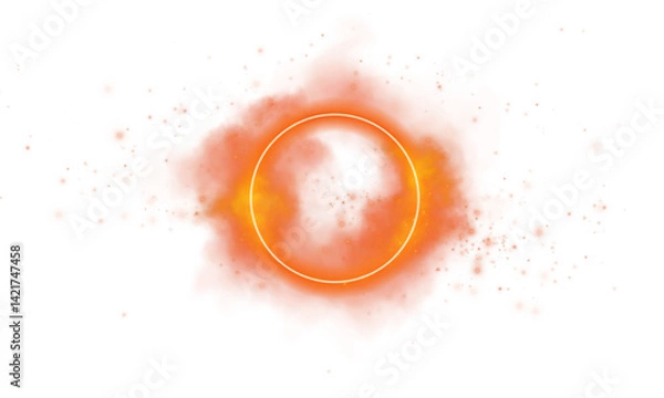Fototapeta A glowing golden-orange circle radiates shining light and ethereal mist, encircled by sparkling sparkles