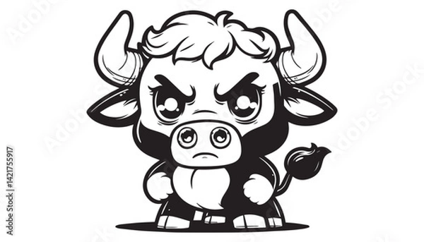 Fototapeta Vector illustration of cartoon bull black and white drawing For children to learn to color according to the picture.