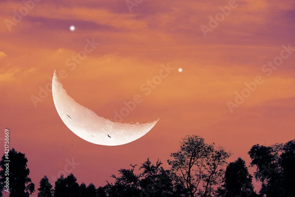 Obraz Smiling Moon Surreal Landscape with Crescent Moon and Vibrant Sky at Dusk
