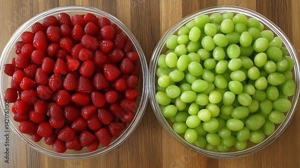 Obraz Fresh Strawberries And Green Grapes Arranged Nicely In Clear Bowls