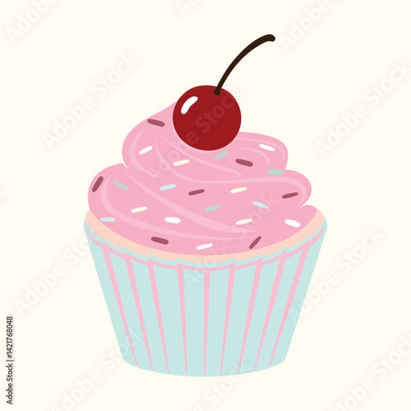 Obraz cupcake with pink icing and cherry vector illustration