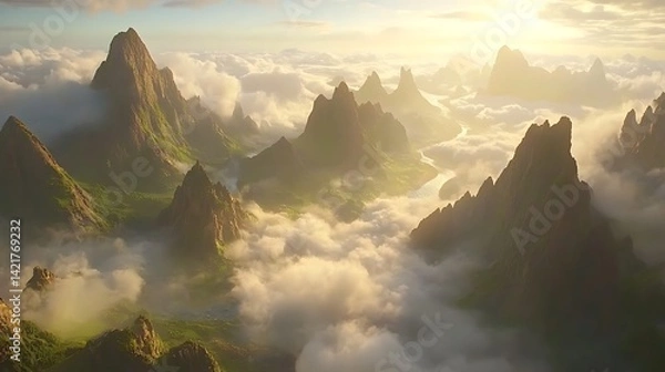 Obraz Majestic mountains rise from fluffy clouds in a stunning vista