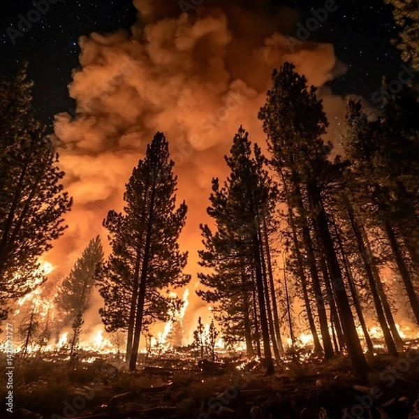 Obraz A forest fire rages amidst tall trees under a starry night