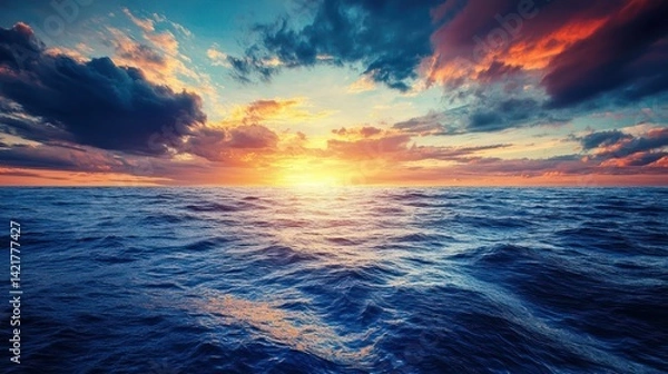 Fototapeta A deep sapphire blue ocean under a dramatic sunset sky
