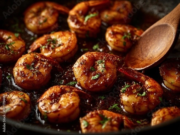 Fototapeta Spicy Deviled Shrimp Sautéing in a Pan with Herbs