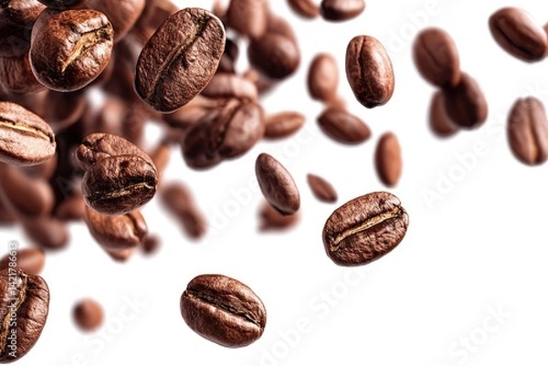 Fototapeta Roasted Coffee Beans Falling on White
