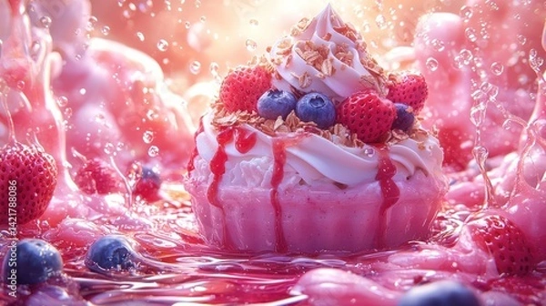 Fototapeta Pink cupcake in splash of liquid, with berries
