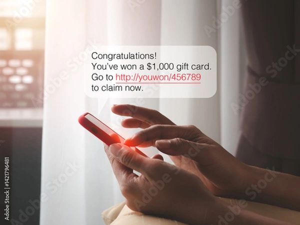 Fototapeta SMS scam, scams link from scammer for malware installing concept. Text messages, Winning congratulations phishing text with link tracking in speech bubble showing while woman use mobile phone at home.