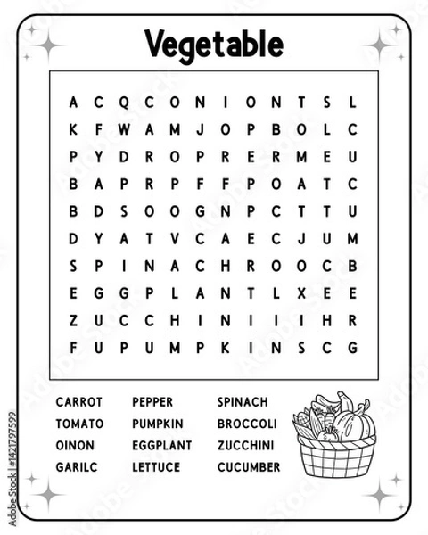 Fototapeta Word search game for children. Educational puzzle. Printable worksheet. Coloring page for kids. Find words in a table. Vector illustration.
